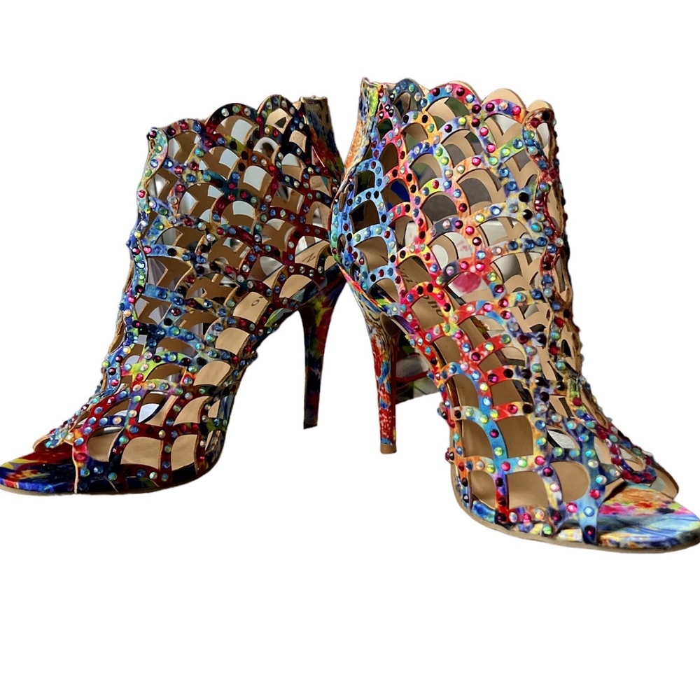 ZIGI SOHO DURAN CAGED PUMPS - OPEN TOE - MULTICOLOR BLING STILETTO HEELS